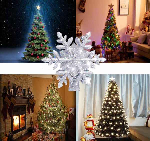 Buy Christmas Tree Topper Star - Lighted 3D Glitter Silver Snow Tree Toppers