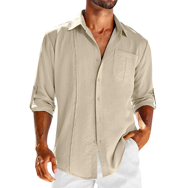 Buy Casual Long Sleeve Shirt - Stylish Menswear with Pocket, Lace Polo Collar, and Solid Color Buttons at EpicMustHaves